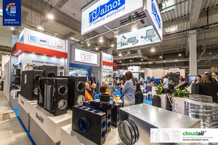 Alnor stand with SlimAIR heat recovery units, plenum boxes and a hanging sign at Warsaw HVAC Expo 2024