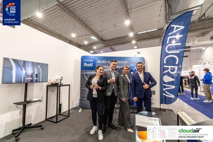 Alucrom backdrop for Blygold coatings with video screen and flag at Warsaw HVAC Expo 2024