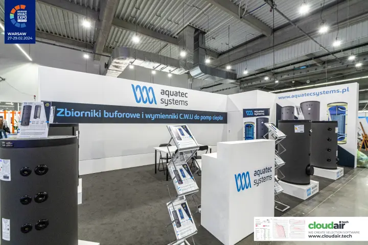 Aquatec Systems stand with buffer tanks and DHW cylinders for heat pumps at Warsaw HVAC Expo 2024