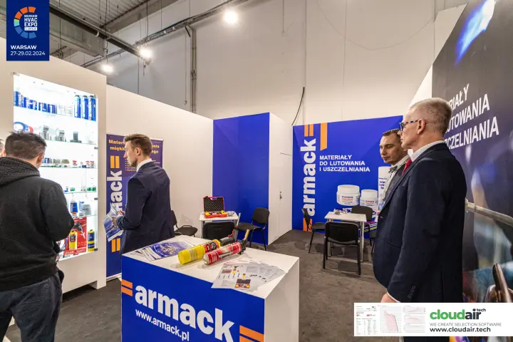 Armack stand with brazing gas cartridges and an illuminated product showcase at Warsaw HVAC Expo 2024