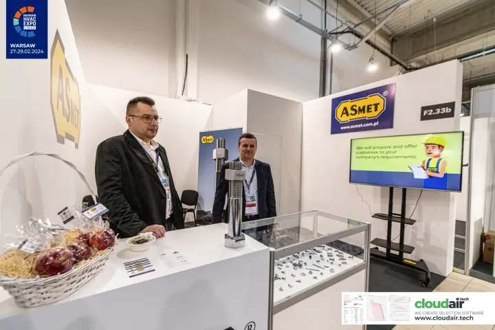 Asmet stand F2.33b with promotional screen and fastener showcase at Warsaw HVAC Expo 2024