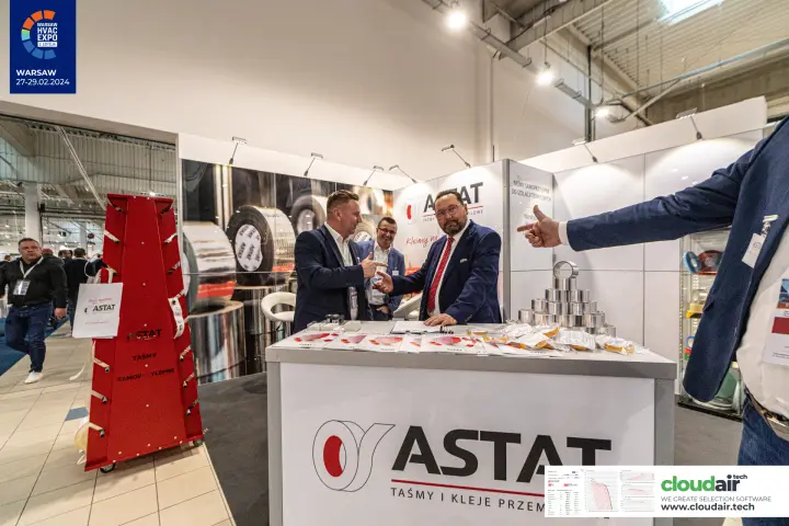 Astat stand seen from the aisle with its red self-adhesive tape tower at Warsaw HVAC Expo 2024