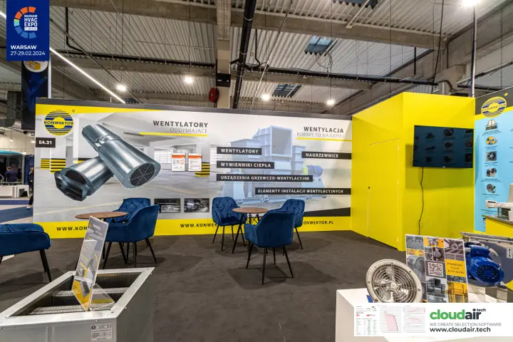 Axial fans and a catalogue board in front of the Konwektor lounge at Warsaw HVAC Expo 2024