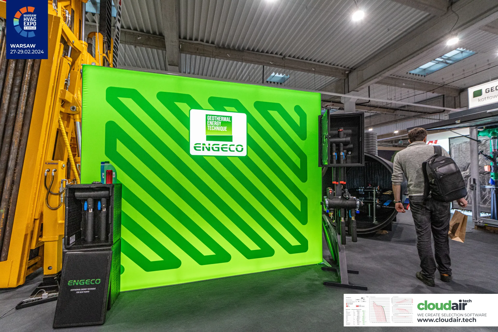 Backlit Engeco wall with insulated geothermal manifold boxes at Warsaw HVAC Expo 2024