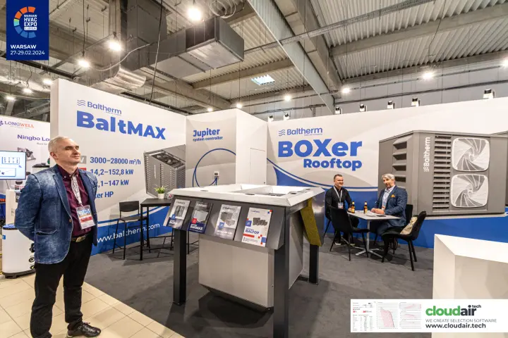Baltherm stand with BOXer Rooftop unit and BaltMAX graphics at Warsaw HVAC Expo 2024