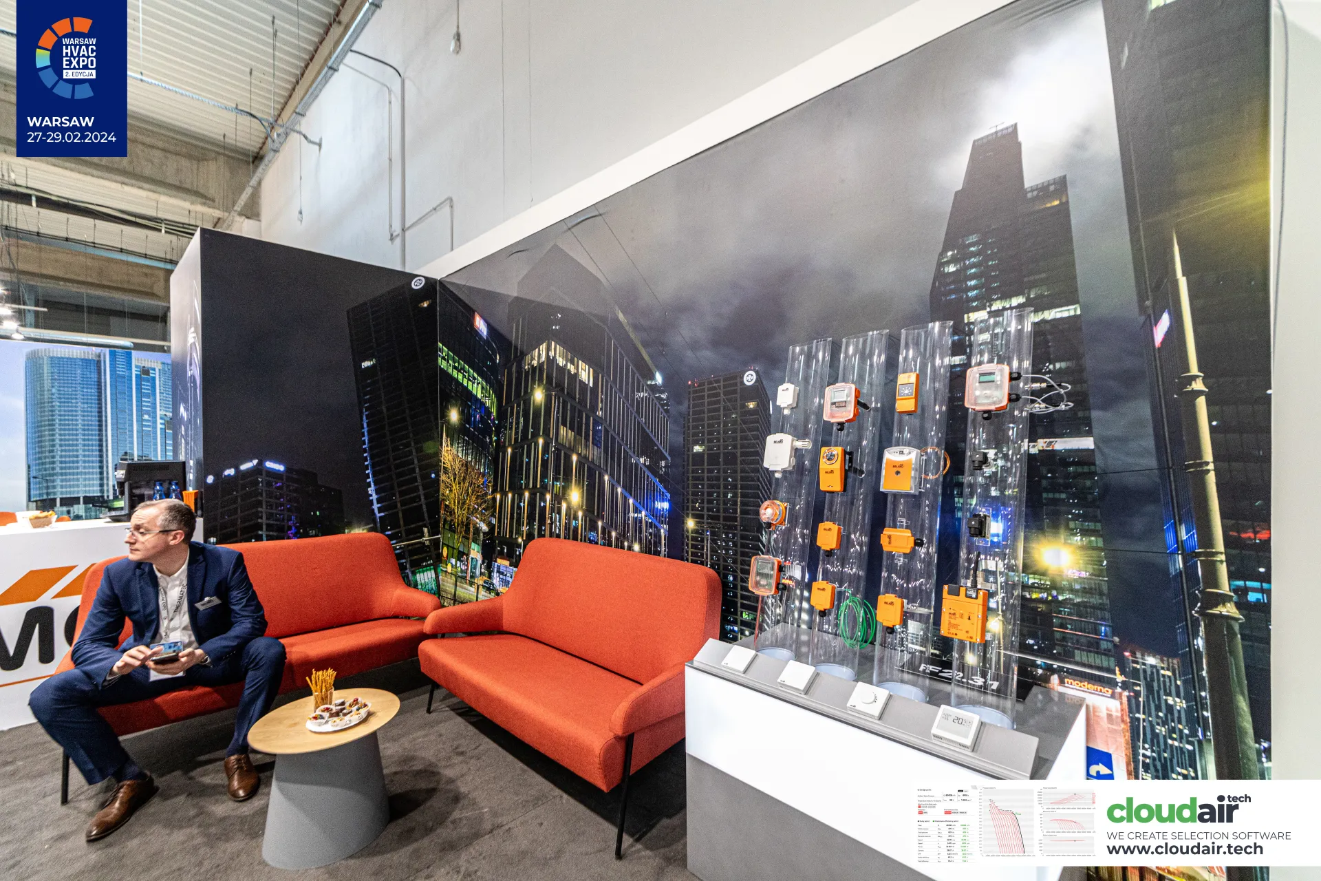 Belimo sensor and actuator display in clear acrylic columns at Warsaw HVAC Expo 2024