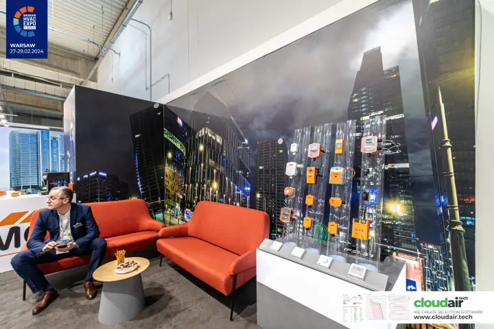 Belimo sensor and actuator display in clear acrylic columns at Warsaw HVAC Expo 2024