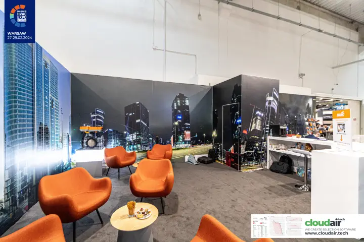 Belimo stand lounge and service counter with coffee machine at Warsaw HVAC Expo 2024