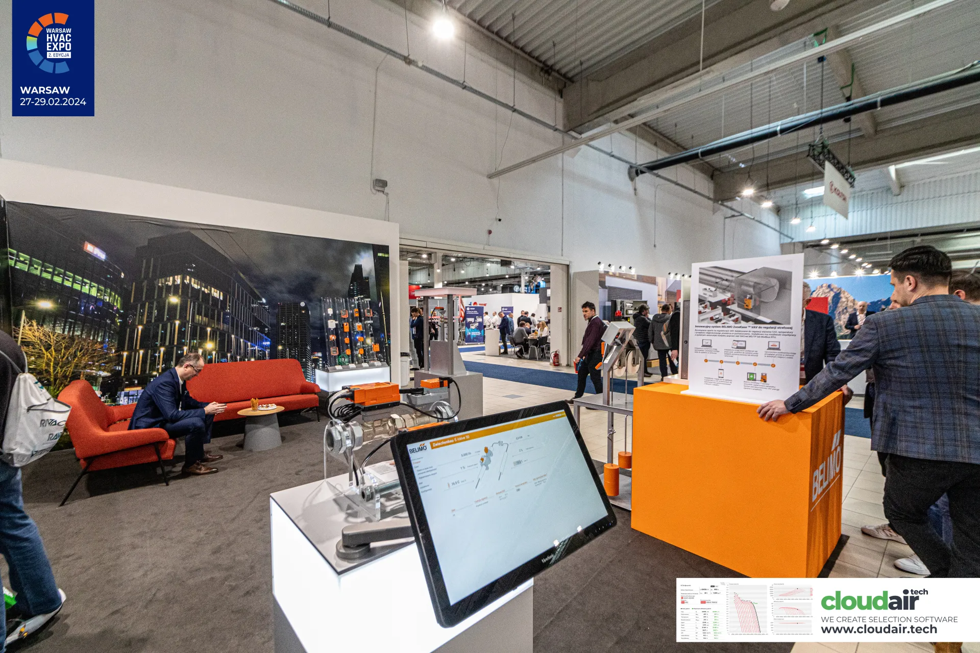 Belimo valve demo with touchscreen and orange ZoneEase VAV pillar at Warsaw HVAC Expo 2024