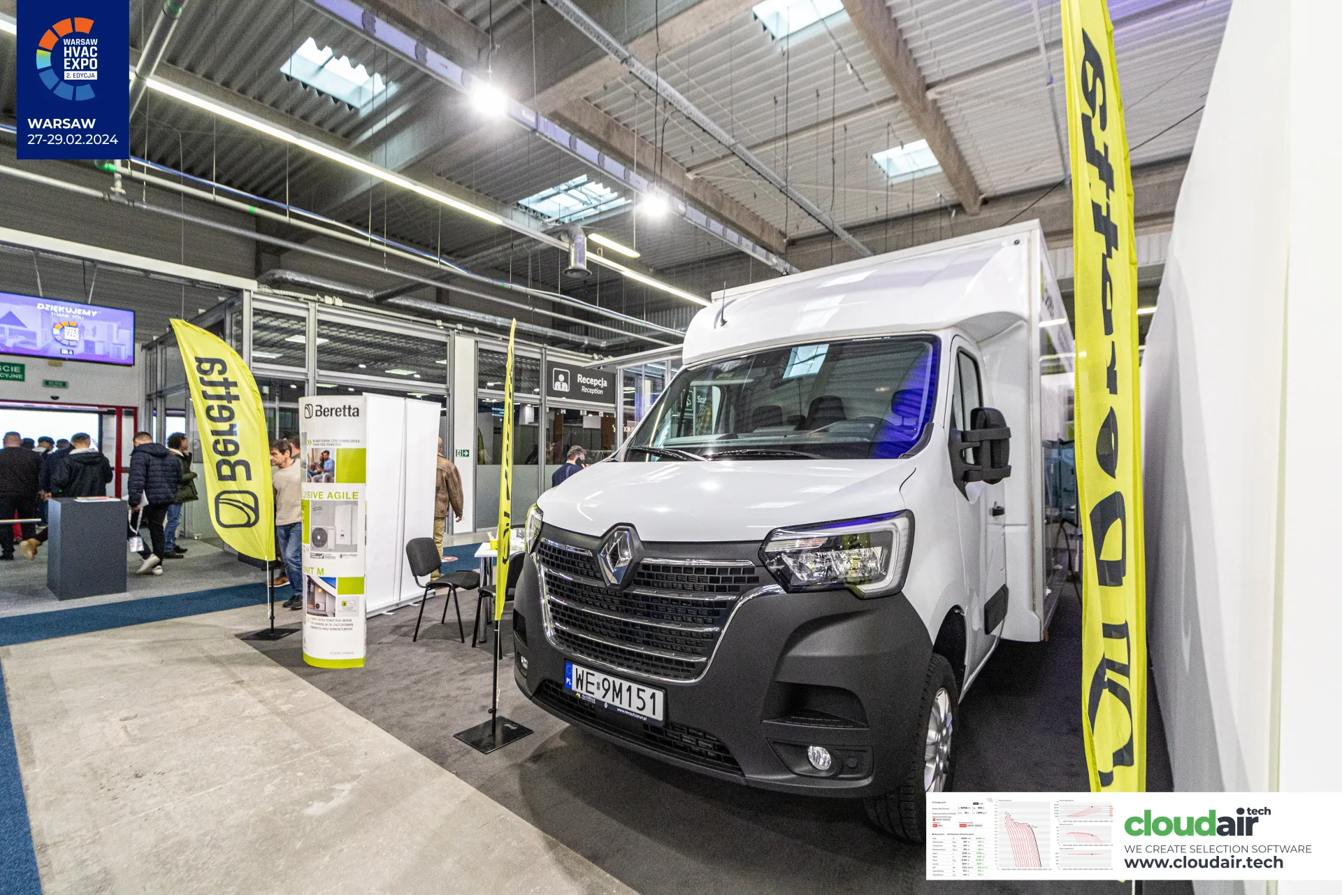 Beretta stand with a white Renault box van between yellow flags at Warsaw HVAC Expo 2024