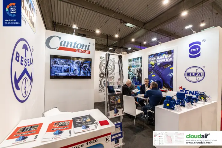 Besel, EMIT and ELFA logos around a Cantoni Group meeting area at Warsaw HVAC Expo 2024