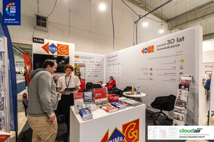 BIMs PLUS wholesale network stand F3.10a with company figures on the wall at Warsaw HVAC Expo 2024