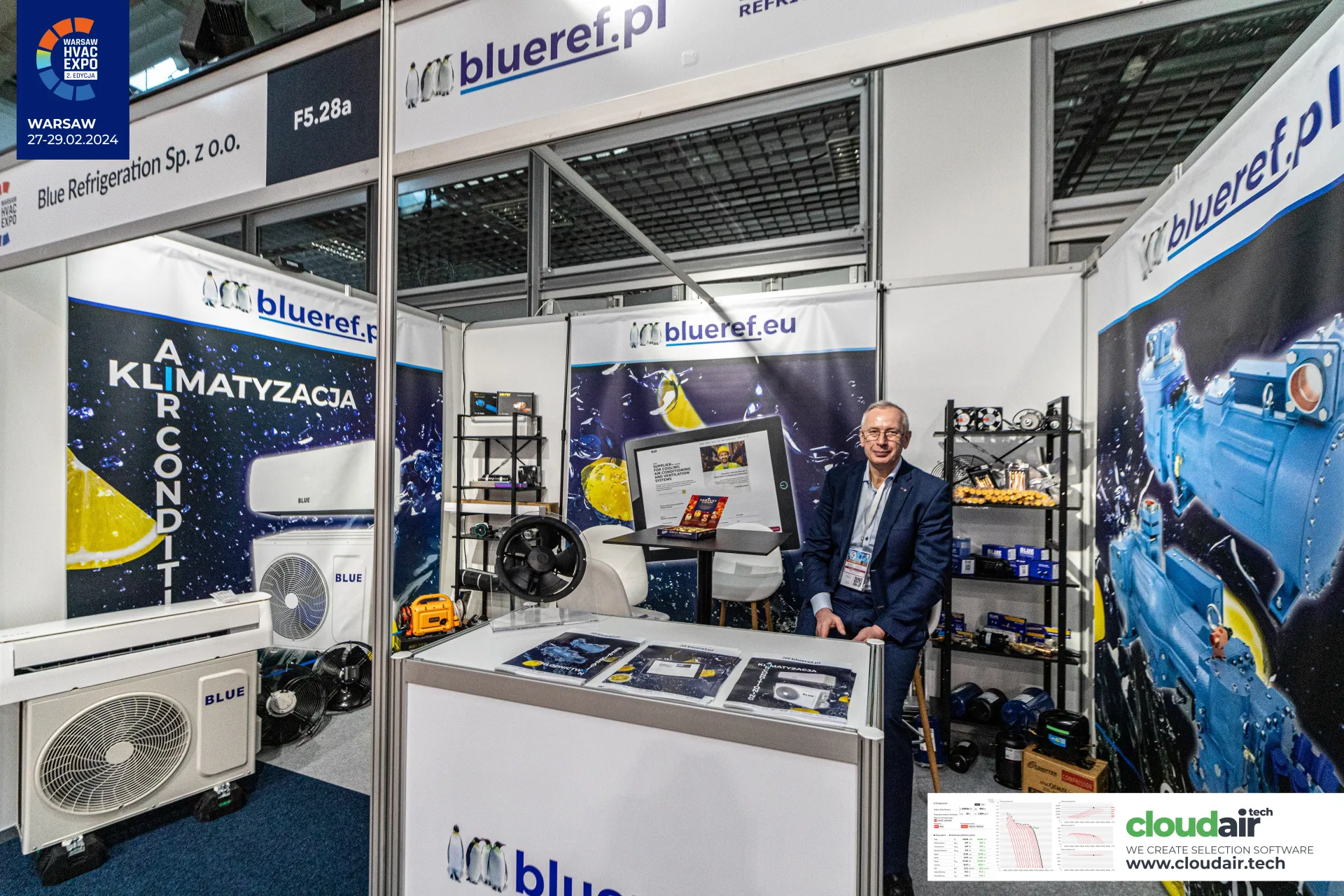 Blue Refrigeration booth with BLUE split air conditioners and compressor graphics at Warsaw HVAC Expo 2024