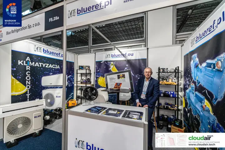 Blue Refrigeration booth with BLUE split air conditioners and compressor graphics at Warsaw HVAC Expo 2024