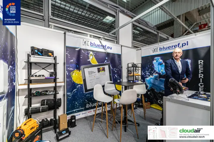 Blue Refrigeration booth with service tools, compressors and an axial fan at Warsaw HVAC Expo 2024