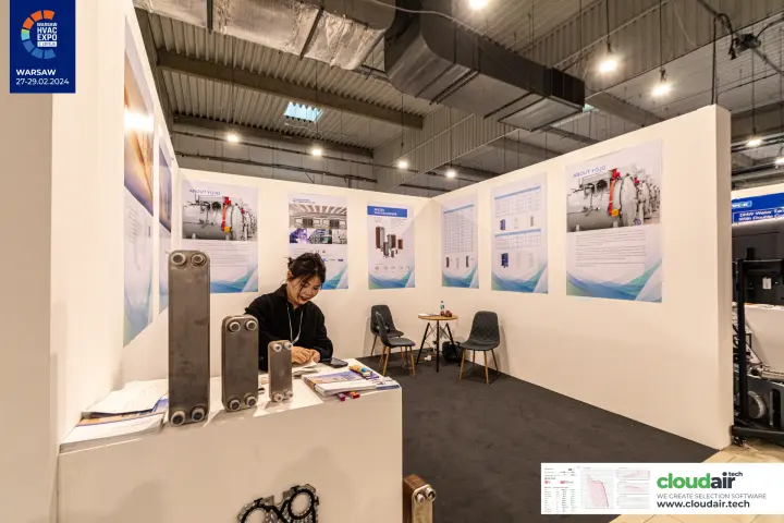 Brazed heat exchanger samples and company posters on the Yojo stand