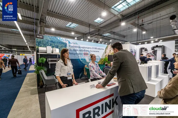 Brink partner stand E2.04 with counter and mountain lake backdrop at Warsaw HVAC Expo 2024