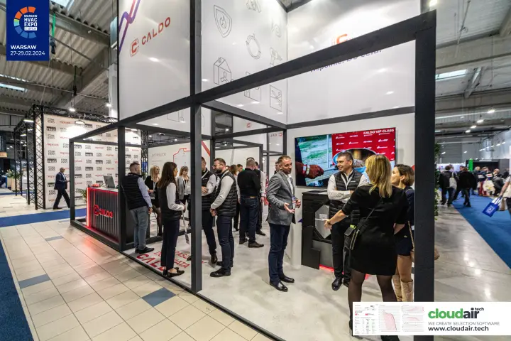 Busy Caldo stand with a screen showing 'Caldo VIP Class' at Warsaw HVAC Expo 2024