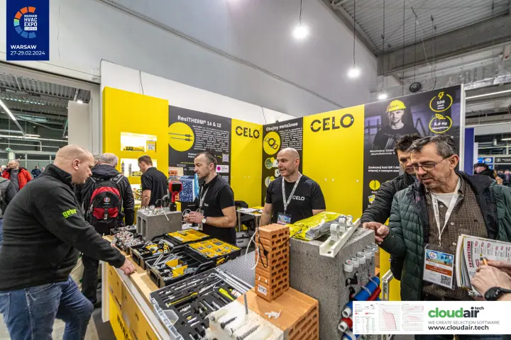 Busy Celo stand with fixings in tool cases on the counter at Warsaw HVAC Expo 2024