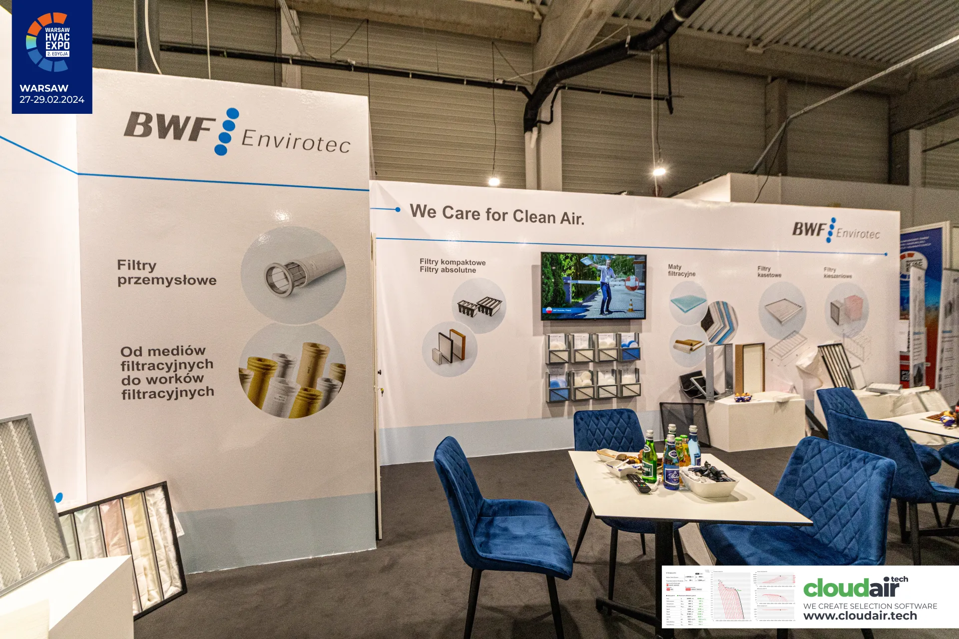 BWF Envirotec meeting area with blue chairs and filter product wall at Warsaw HVAC Expo 2024