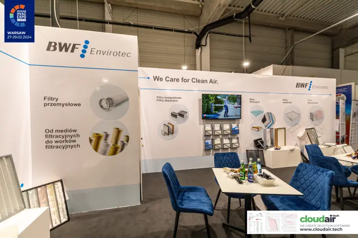 BWF Envirotec meeting area with blue chairs and filter product wall