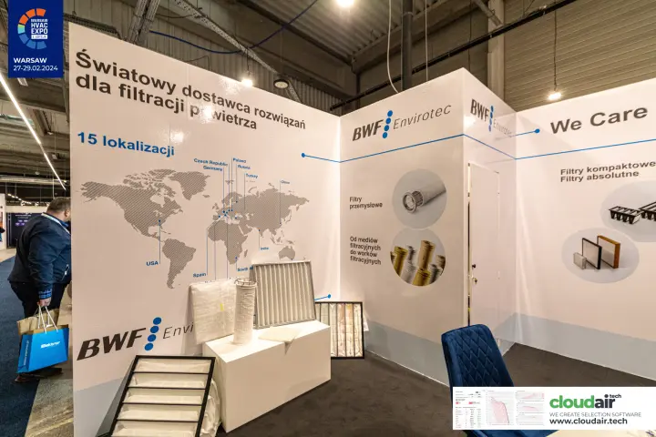 BWF Envirotec world map wall with '15 lokalizacji' and industrial filters