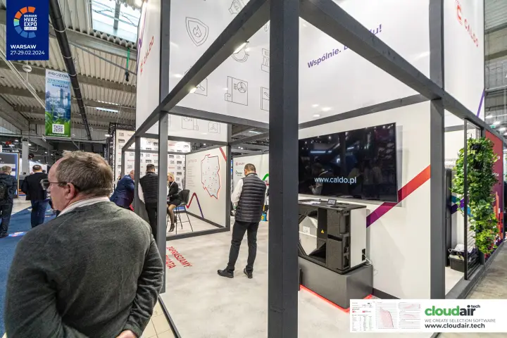 Caldo stand with a black ventilation unit lit from below at Warsaw HVAC Expo 2024