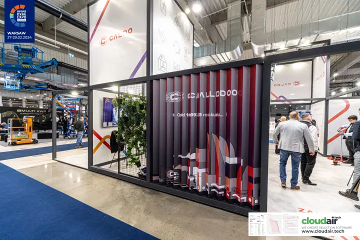 Caldo stand exterior with an angled louvre wall and planted grid at Warsaw HVAC Expo 2024