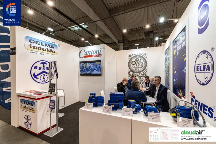 Cantoni Group stand with blue electric motors and Celma Indukta branding at Warsaw HVAC Expo 2024