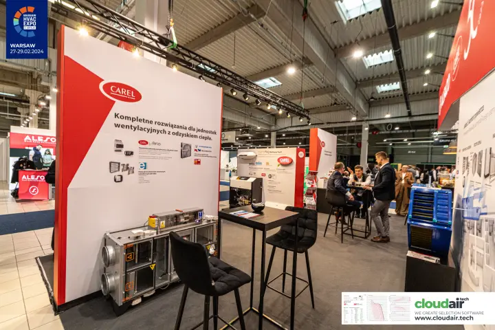 Carel panel on controls for heat recovery units above a compact ventilation unit at Warsaw HVAC Expo 2024