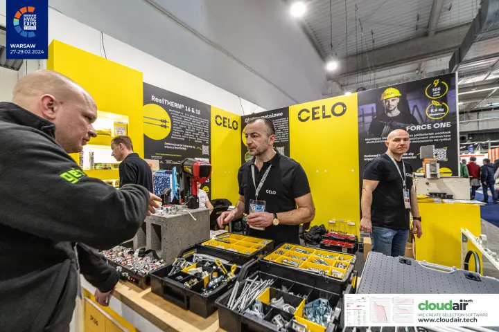 Celo anchors and clamps in yellow cases beside the Force One panel at Warsaw HVAC Expo 2024