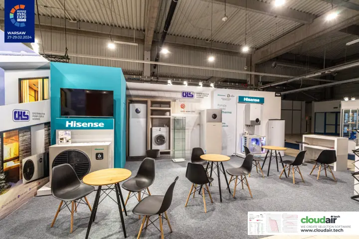 CHS stand presenting Hisense heat pumps in a home-style setting at Warsaw HVAC Expo 2024