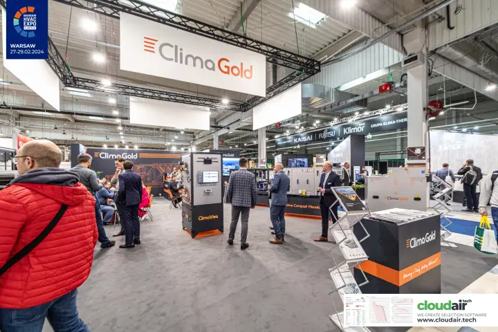 Clima Gold ClimaVisa cabinet and slogan plinth under the hanging banner at Warsaw HVAC Expo 2024