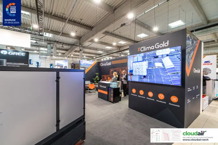 Clima Gold stand with rooftop unit video and service icons at Warsaw HVAC Expo 2024