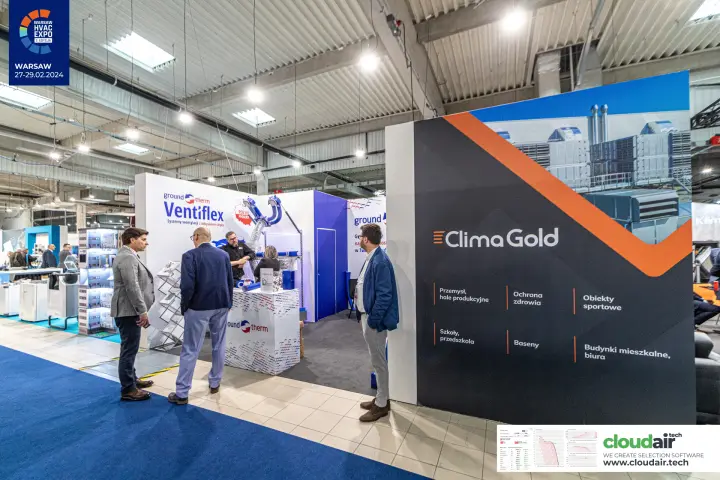 Clima Gold stand wall listing application sectors beside the Ventiflex stand at Warsaw HVAC Expo 2024