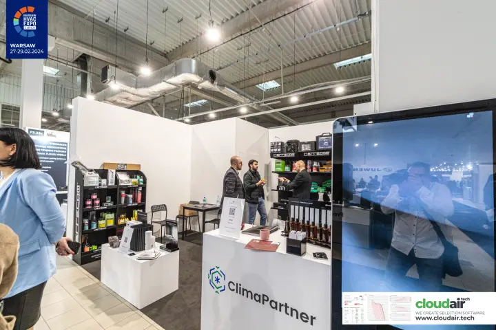 ClimaPartner stand with Errecom service chemicals on black shelving at Warsaw HVAC Expo 2024