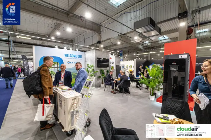 Clivet outdoor unit and Encor cabinet beside a meeting lounge at Warsaw HVAC Expo 2024