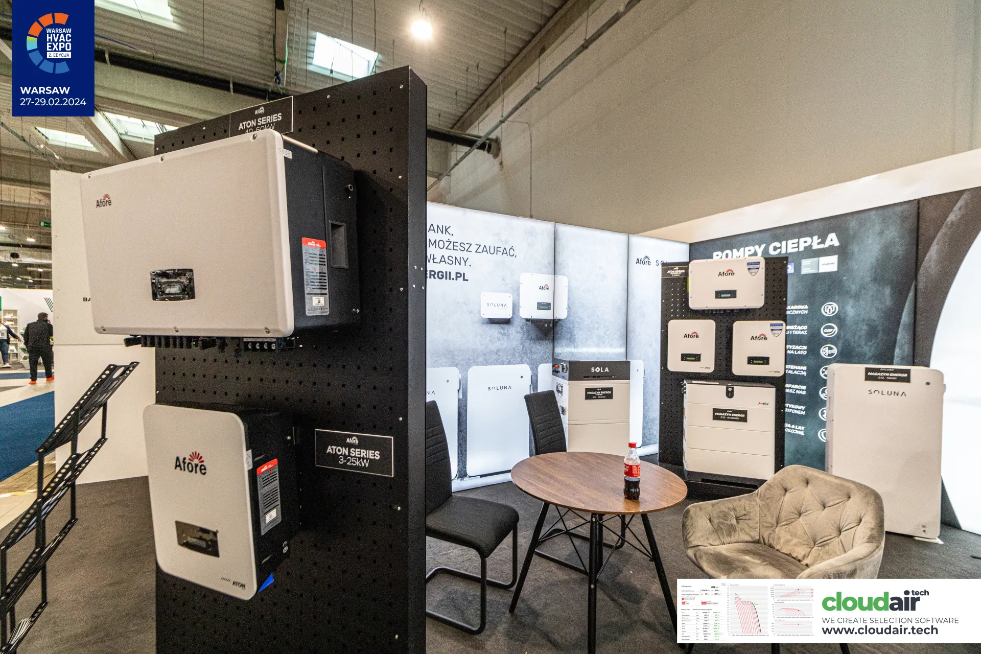 Close view of Afore Aton Series inverters and Soluna storage units at Warsaw HVAC Expo 2024