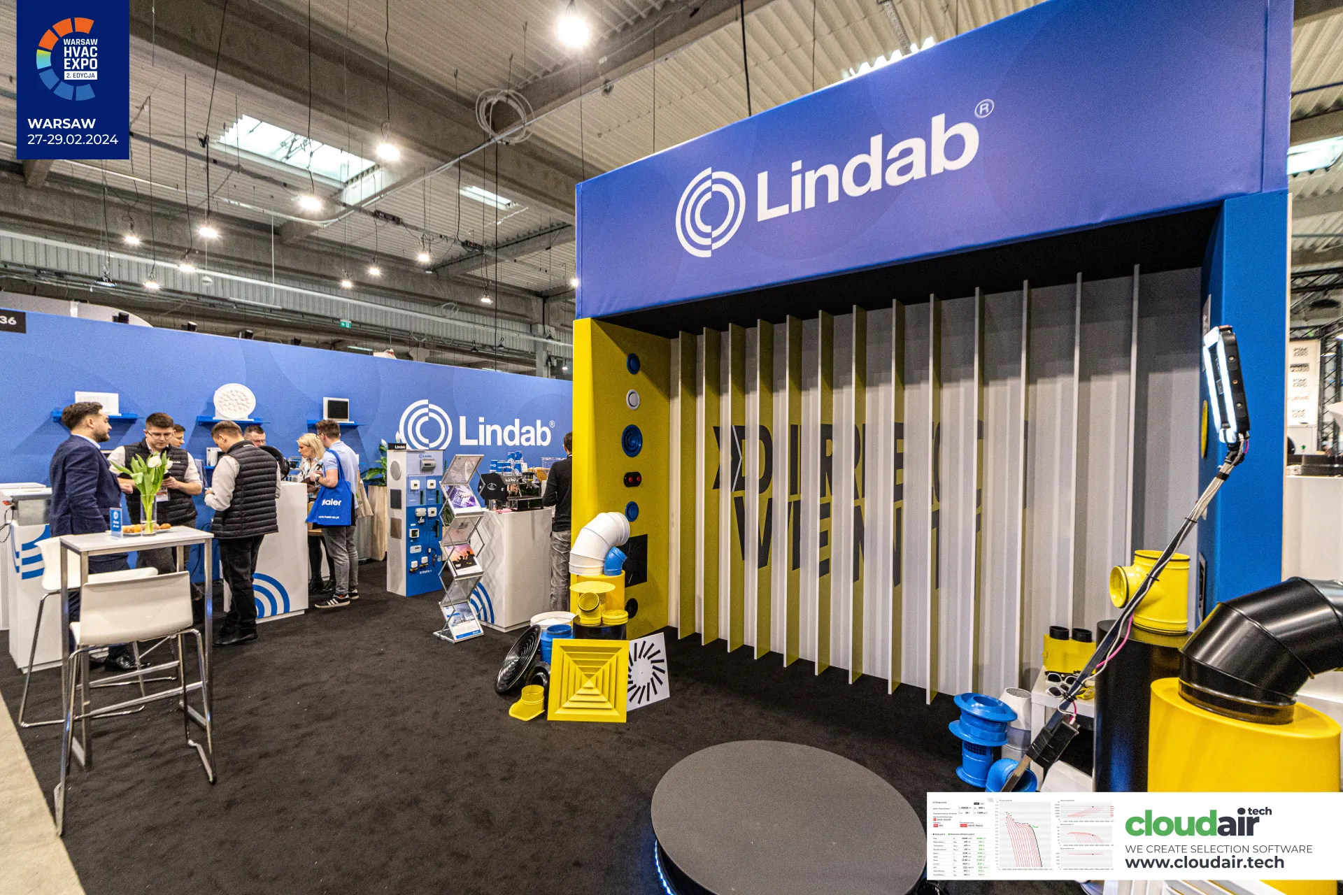 Close view of Lindab duct fittings and diffusers inside the Direct Vent arch at Warsaw HVAC Expo 2024