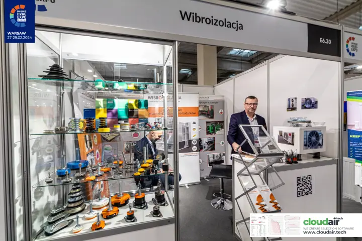 Close view of Wibroizolacja spring and rubber anti-vibration mounts at Warsaw HVAC Expo 2024