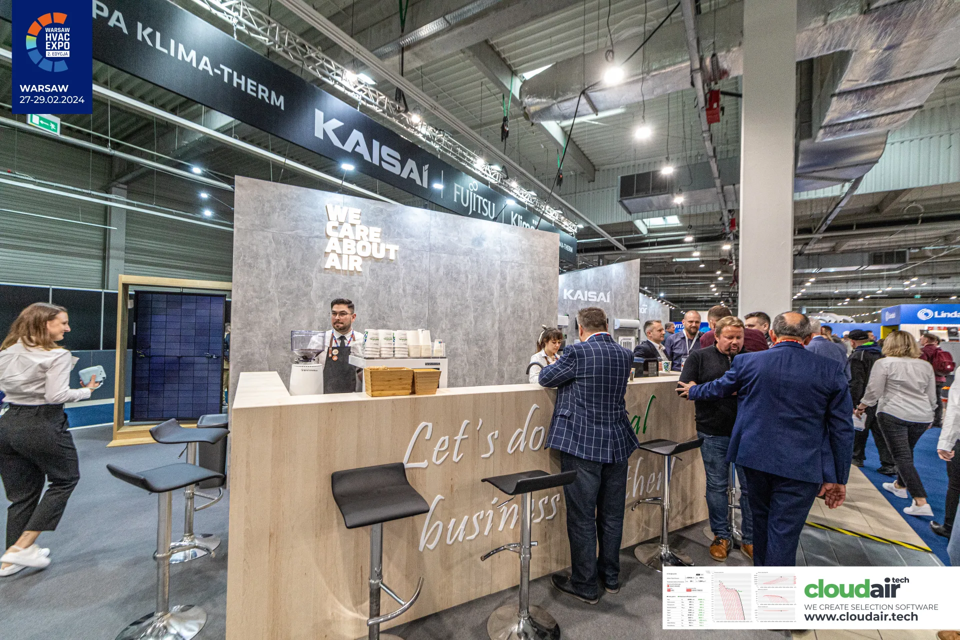 Coffee bar on the Klima-Therm stand under a WE CARE ABOUT AIR wall at Warsaw HVAC Expo 2024