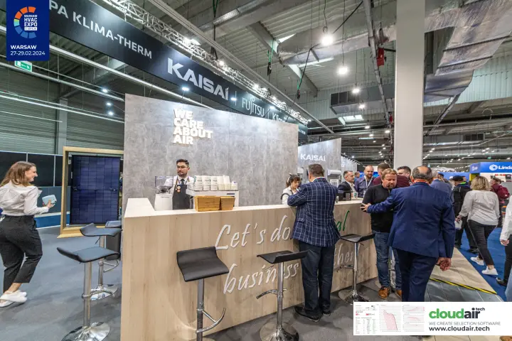 Coffee bar on the Klima-Therm stand under a WE CARE ABOUT AIR wall at Warsaw HVAC Expo 2024