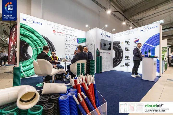 Coloured air ducts and insulated pipes in front of the inGremio stand at Warsaw HVAC Expo 2024