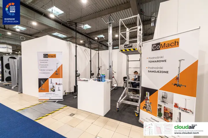 CoMach stand with material lifts and an Alplift work platform at Warsaw HVAC Expo 2024