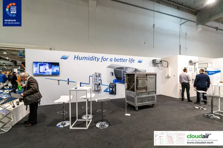 Condair 'Humidity for a better life' wall with video screen and wheeled steel unit at Warsaw HVAC Expo 2024