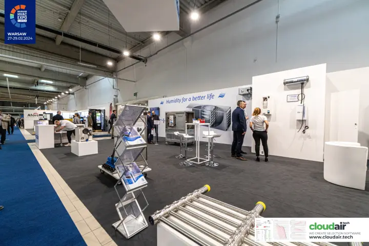 Condair stand with 'Humidity for a better life' wall and a steam distribution manifold at Warsaw HVAC Expo 2024
