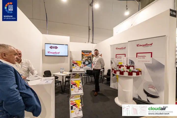 Coroplast tape stand F3.10c with a carousel of numbered tape samples at Warsaw HVAC Expo 2024