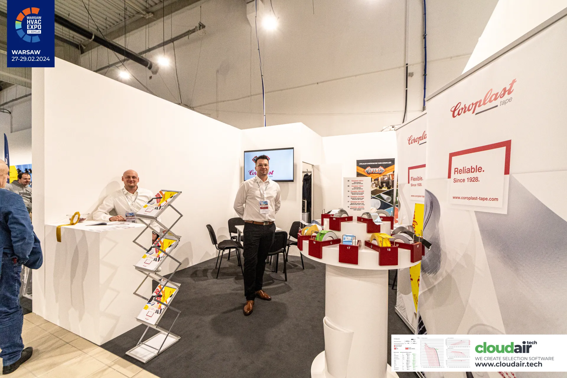 Coroplast and Willi stand with tape sample carousel and brochure rack at Warsaw HVAC Expo 2024
