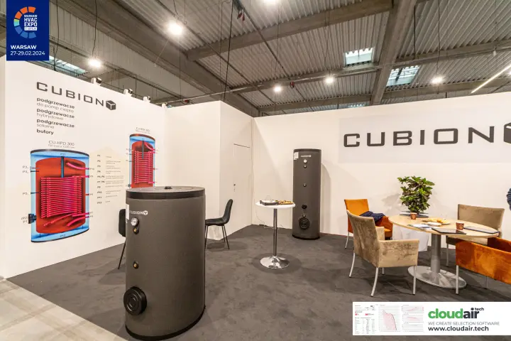 Cubion CU-HPD 300 and CU-HPH 300 cylinder drawings with grey tanks on display at Warsaw HVAC Expo 2024