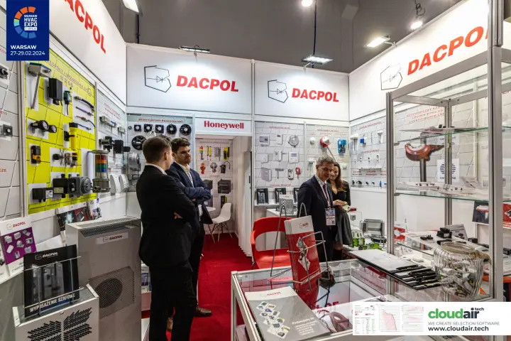 Dacpol stand with walls of HVAC sensors, controls and industrial fans at Warsaw HVAC Expo 2024